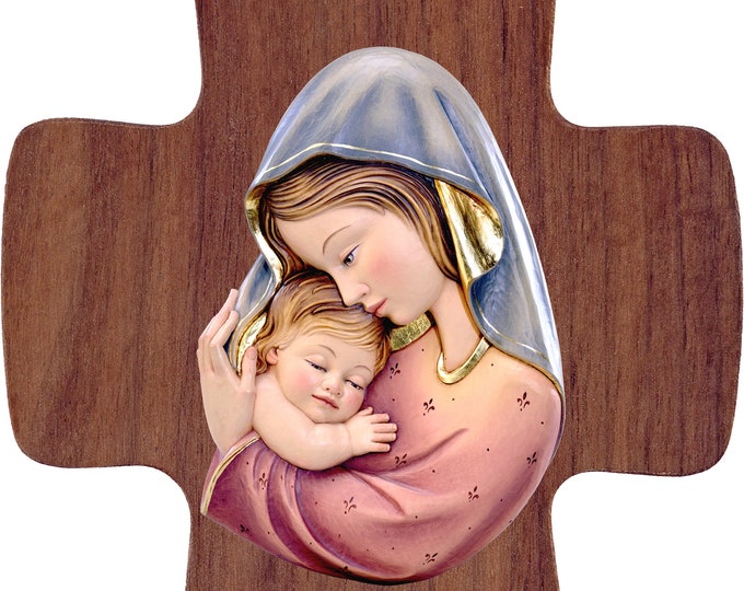 Crucifix with Madonna and Child, carved in Valgardena wood and decorated by hand, various sizes, of Italian artisan production