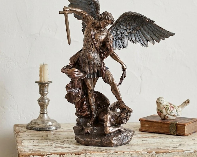 Sculpture of Saint Michael the Archangel, 53 cm (20.86 inches) in bronzed resin marble, handcrafted in Italy