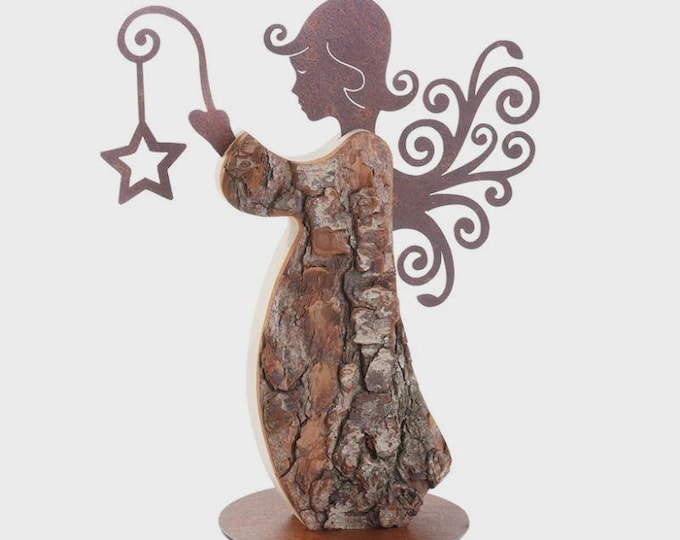 Ornamental angel sculpture 25 cm (9.84 inches) carved in Valgardena pine wood, handcrafted in Italy