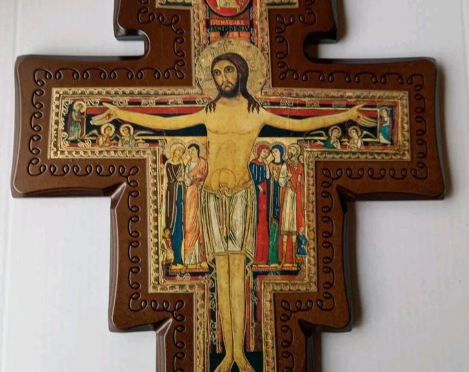 Crucifix cross of San Damiano, 46 x 35 cm (18.11 x 13.77 inches) in wood with relief image of Italian artisan production