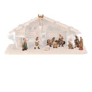 Complete nativity scene 13 pieces (without stable) carved in Val Gardena wood, hand decorated, various sizes, Italian artisan production