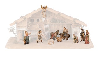 Complete nativity scene 13 pieces (without stable) carved in Val Gardena wood, hand decorated, various sizes, Italian artisan production