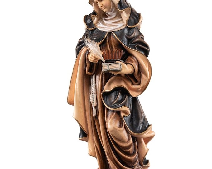 Statue of Saint Verena with book, feather and comb, carved in Valgardena wood, hand-decorated, Italian artisan production.