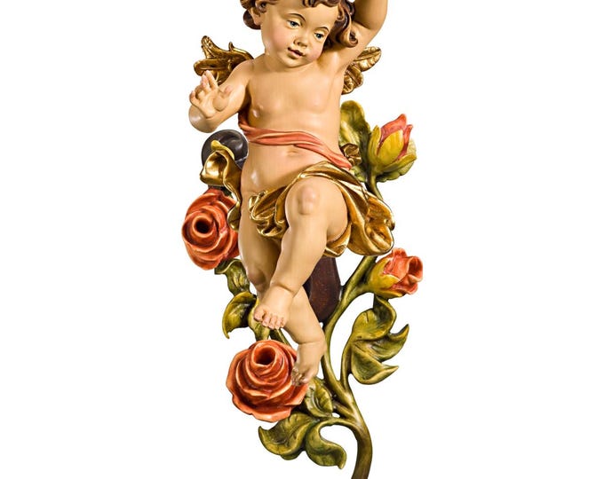 Angel, putto with roses carved in Valgardena wood and hand-decorated, various available, handcrafted in Italy