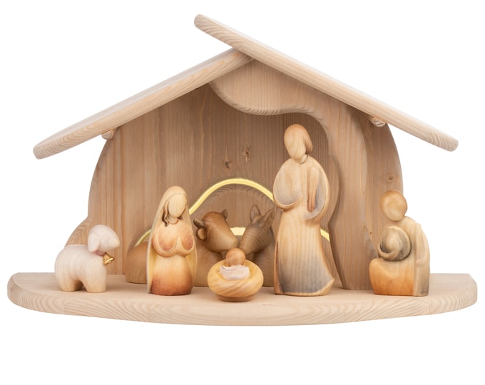 Modern Art crib carved in wood from Valgardena, decorated by hand, 8 pieces with hut, various sizes, Italian craftsmanship