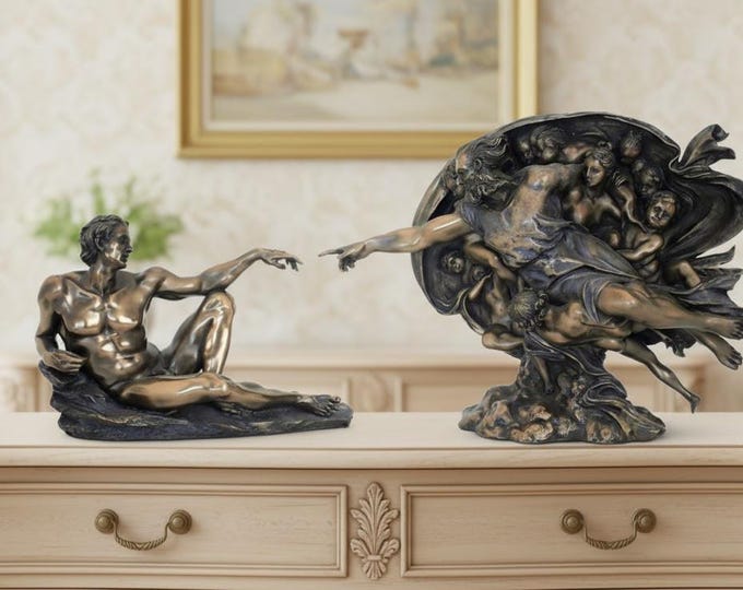 Classical sculpture Creation of Adam by Michelangelo, in bronzed resin marble 20 x 43 cm (7.87 x 16.92 inches) handcrafted, made in Italy