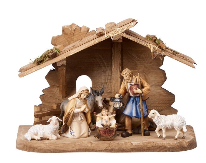 Nativity scene carved in Valgardena wood and decorated by hand, 9 pieces with hut, various sizes available, Italian handicraft production
