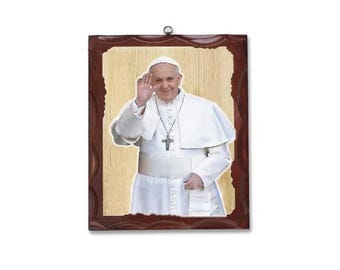 Icon painting on wooden canvas of Pope Francis, Jorge Mario Bergoglio, walnut color 30 cm (11.81 inches) of Italian artisan production