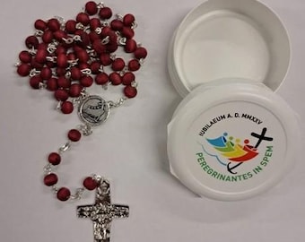 Jubilee 2025 Rosary in rose-scented wood with Jubilee logo case, handcrafted in Italy