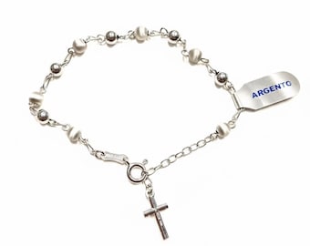 Satin-finished 925 silver rosary bracelet with hook and heart-shaped anchor cross pendants, handcrafted in Italy.