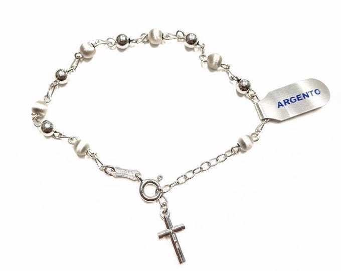 Satin-finished 925 silver rosary bracelet with hook and heart-shaped anchor cross pendants, handcrafted in Italy.