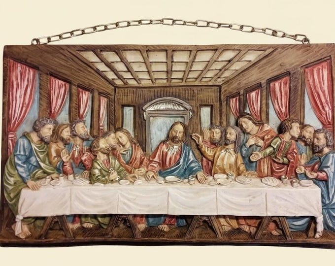 Last Supper plaque 19 x 31 cm (7.4 x 12.20 inches) in solid resin marble, hand-decorated, Italian artisan production