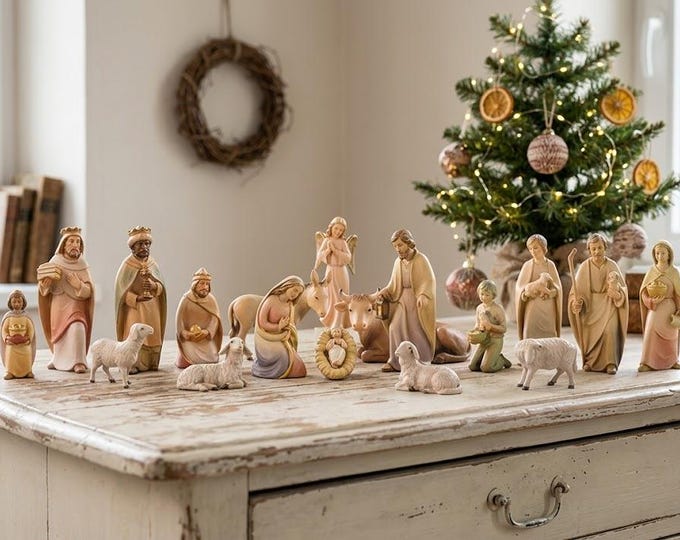 Rudolf nativity scene carved in Valgardena wood, 20 pieces, various sizes available, Italian artisan production