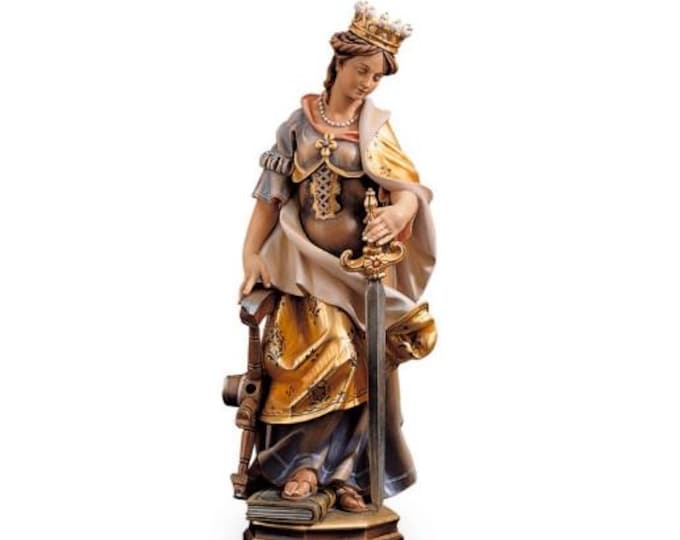 Sculpture of Saint Catherine of Alexandria carved in Valgardena wood, hand-decorated and handcrafted in Italy.