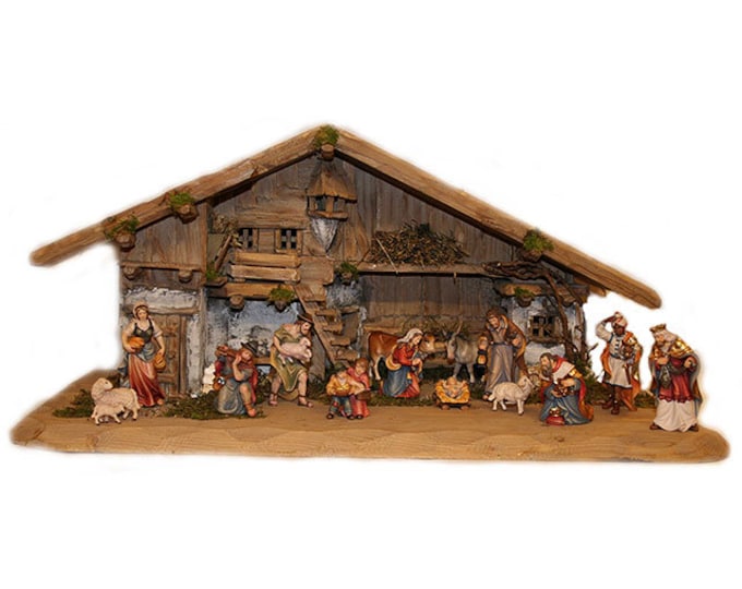 Tyrolean nativity scene carved in Val Gardena wood, decorated by hand, 14 pieces with hut, various sizes, Italian artisan production