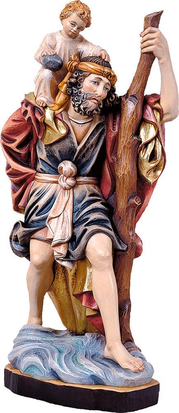 Statue des Heiligen Christophorus, in Holz aus Gröden geschnitzt