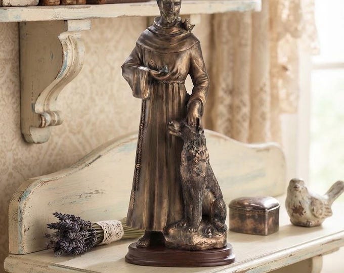 Statue of Saint Francis of Assisi 60 cm (23.62 inches) in alabaster powder, wooden base, bronze finish made in Italy