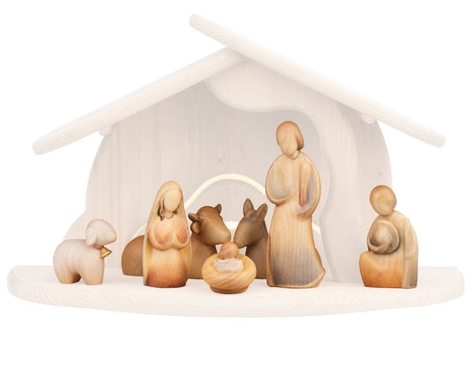 Complete nativity scene 7 pieces (without stable) carved in Valgardena wood, decorated by hand, various sizes, Italian artisan production