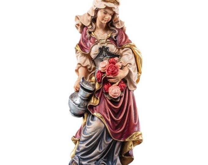 Sculpture of Saint Elizabeth with roses carved in Valgardena wood, hand-decorated and handcrafted in Italy.