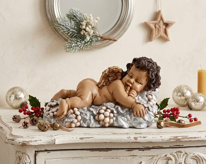 Sleeping angel statue in hand-decorated resin, artisanal production for outdoor and indoor use, various sizes available