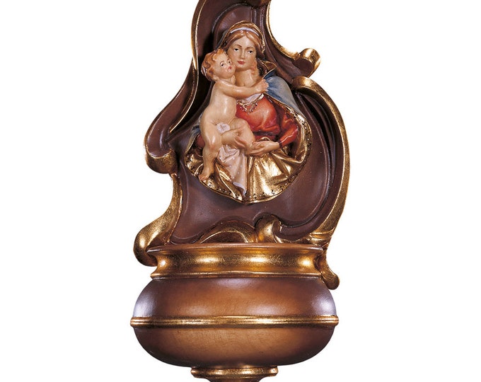 Holy water stoup with Madonna, carved in Valgardena wood decorated by hand with oil and gold leaf colors, of Italian production