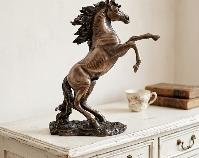 Classical sculpture of a prancing horse, 32 cm (12.59 inches) in bronzed resin marble, handcrafted in Italy