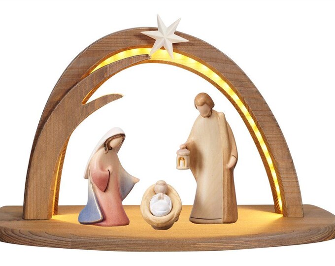 Nativity scene set 5 pieces and Stella hut with lights, carved in Valgardena wood and hand decorated, Italian artisan production