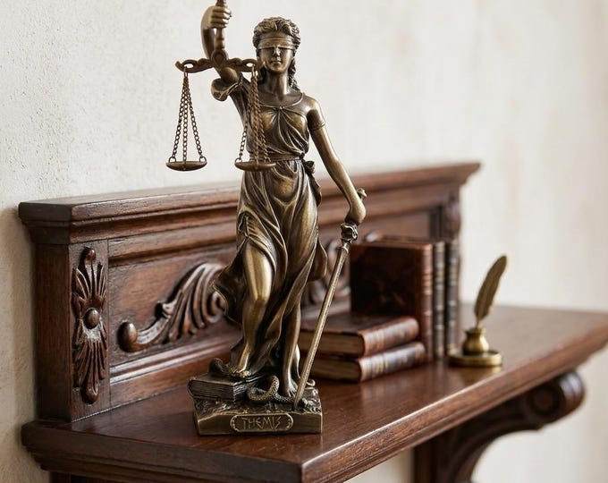 Classical sculpture Themis Goddess of Justice, 11 cm (4.33 inches) in solid pewter, antiqued version, handcrafted, made in Italy