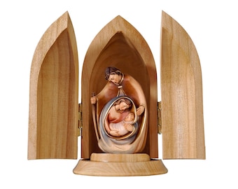 Statue of the Holy Family with niche, carved in wood of Valgardena decorated by hand of Italian production