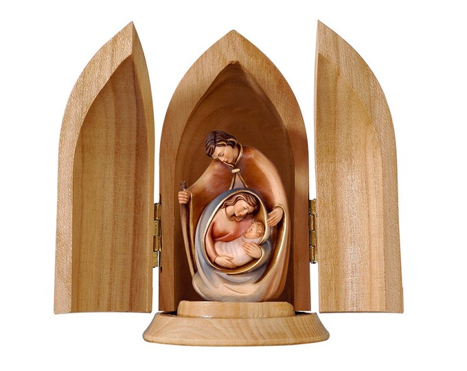 Statue of the Holy Family with niche, carved in wood of Valgardena decorated by hand of Italian production
