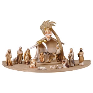 Complete nativity scene 22 pieces, carved in Valgardena wood and decorated by hand, with hut, Italian artisan production
