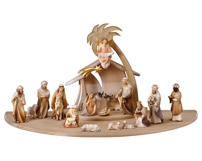 Complete nativity scene 22 pieces, carved in Valgardena wood and decorated by hand, with hut, Italian artisan production