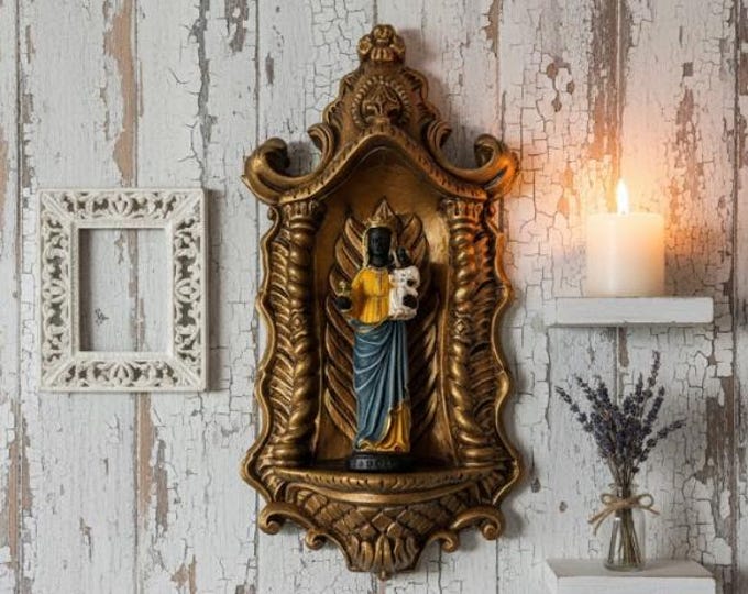 Oratory cm 35 X 17 (13.77 x 6.69 inches) to hang, in marble resin, with statue of the Madonna of Oropa cm 15.5 (6.10 inches) handcrafted