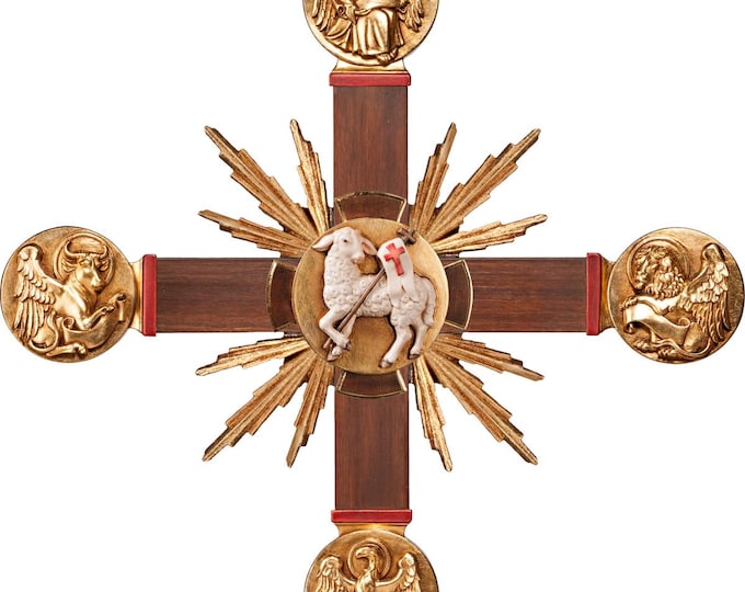 Crucifix with Evangelists, Easter Lamb and rays, carved in Valgardena wood, hand-decorated, Italian artisan production