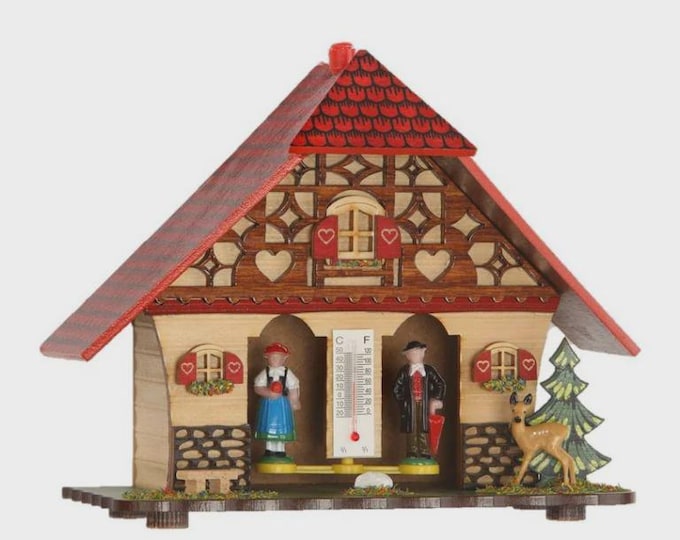 Alpine weather station in carved maple wood, thermometer and hygrometer 17 cm (6.69 inch) of Italian artisan production