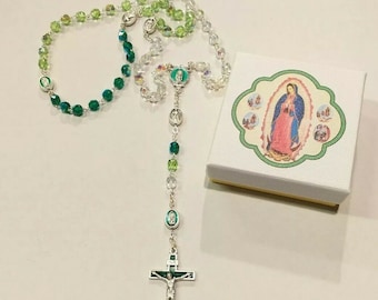 Rosary of Our Lady of Guadalupe in half crystal 48.5 cm with deluxe case, Italian handcrafted production