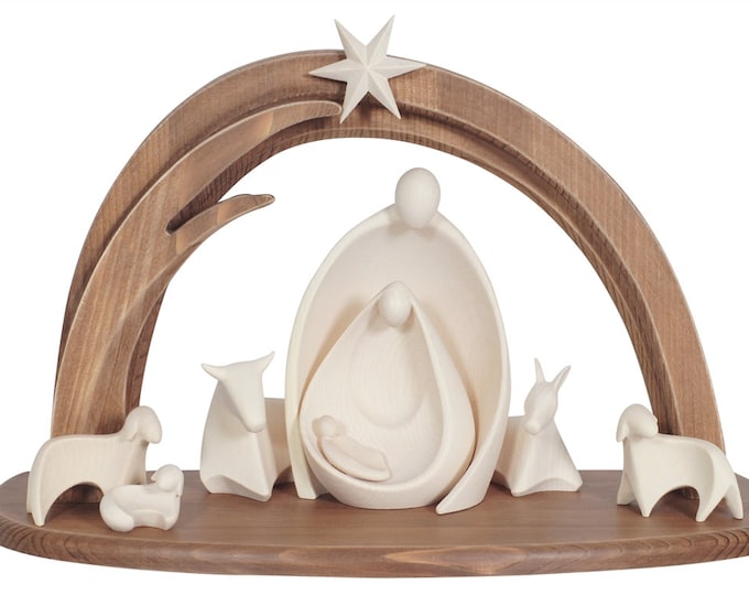 Complete Nativity Scene Ambiente Design 8 pieces, carved in Valgardena wood, hand-decorated, various sizes, Italian artisan production