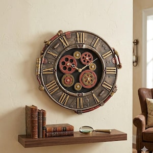 May include: A steampunk-style wall clock with exposed gears and Roman numerals. The clock features a metallic finish with red and gold accents. A wooden shelf below holds antique books and a magnifying glass.