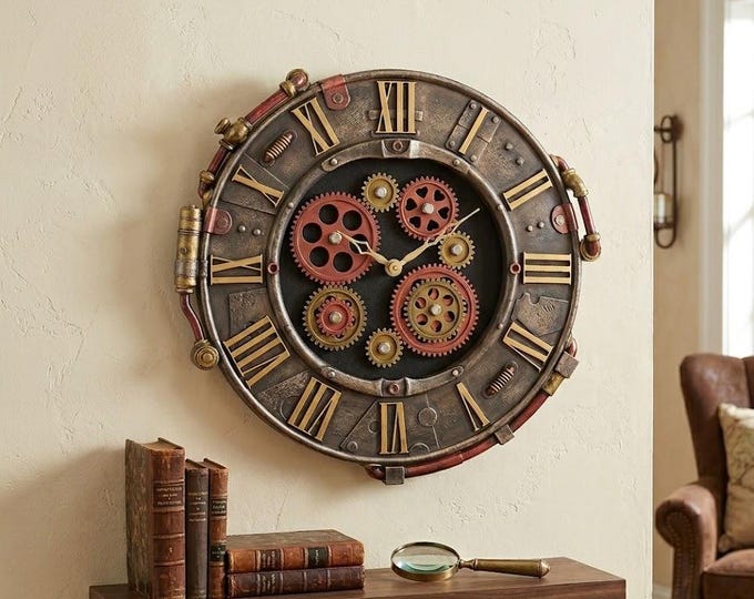 Moving gears wall clock sculpture, steampunk style, 36 cm (14.17 inches) bronzed resin marble, handcrafted in Italy