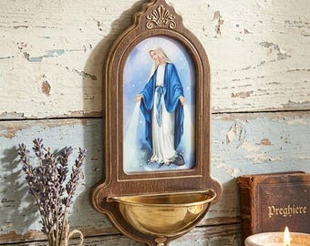 Holy water stoup in birch wood with gold inserts, 26 cm (10.23 inches) various subjects available, made in Italy
