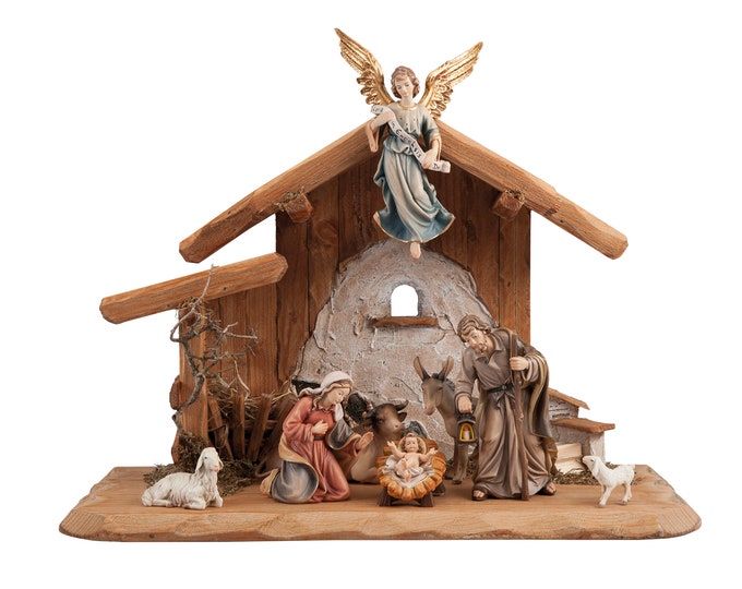 Complete nativity scene carved in Valgardena wood decorated by hand, with hut, various sizes available, Italian artisan production