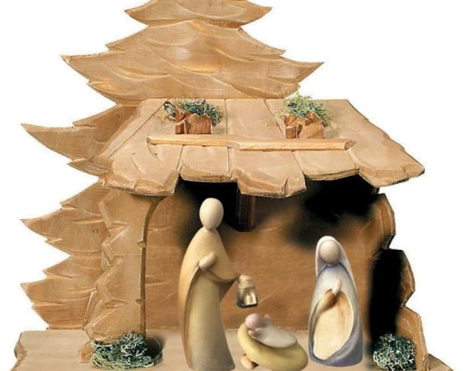 Nativity scene, modern Holy Family with hut, carved in Valgardena wood, various sizes available, Italian artisan production
