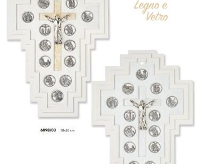 Crucifix with stations of the Via Crucis in wood and Murano glass cm 38 x 26 (15 x 10.2 inches) Italian artisan production