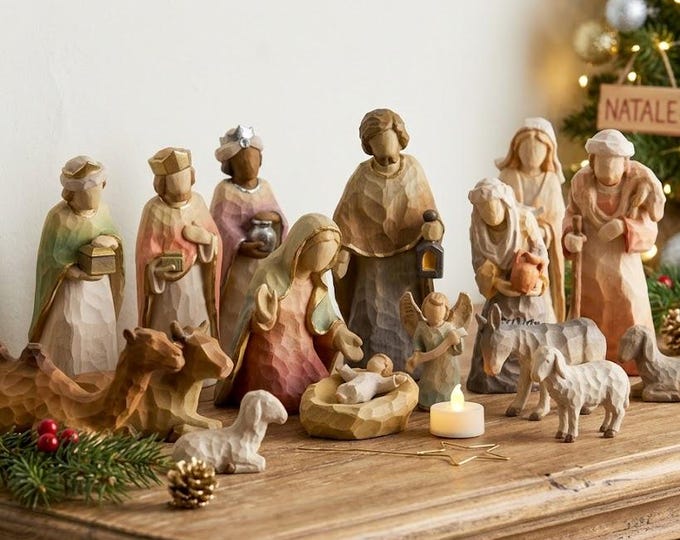 Complete 20-piece nativity scene carved from Valgardena wood, hand-decorated, various sizes, Italian artisan production
