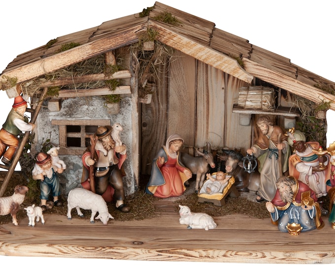 Bethlehem nativity scene carved in Valgardena wood and decorated by hand, 16 pieces with hut, various sizes, Italian artisan production