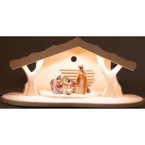 Complete nativity scene 5 pieces, carved in Valgardena wood and decorated by hand, with led light hut, Italian artisan production