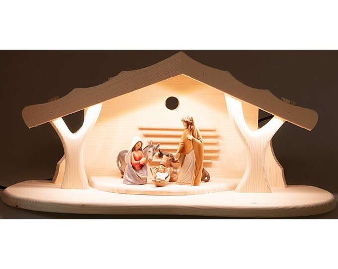 Complete nativity scene 5 pieces, carved in Valgardena wood and decorated by hand, with led light hut, Italian artisan production