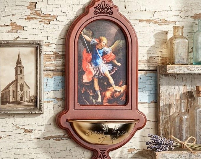 Holy water stoup in walnut-stained birch wood, 26 cm (10.23 inches), various subjects available, made in Italy
