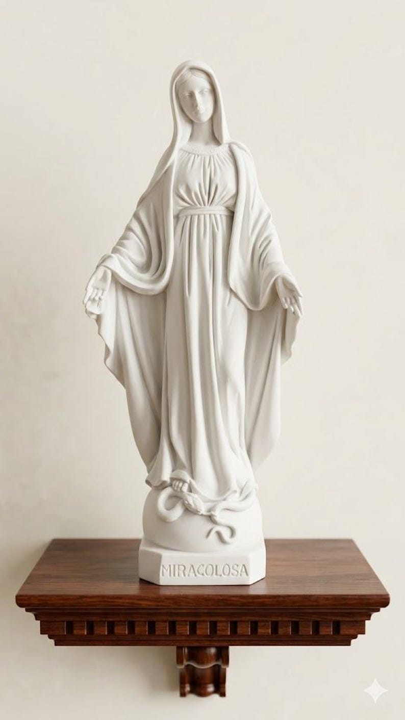 Estatua de la Virgen Milagrosa de 30 cm (11,81 pulgadas) en mármol de resina blanca, hecha a mano en Italia imagen 1