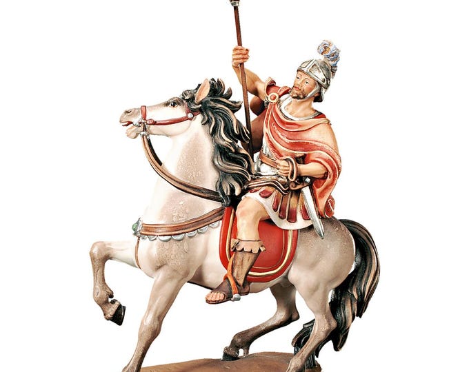 Statue of Saint Longinus on horseback carved in Valgardena wood, hand-decorated, Italian artisan production, various decorations and sizes